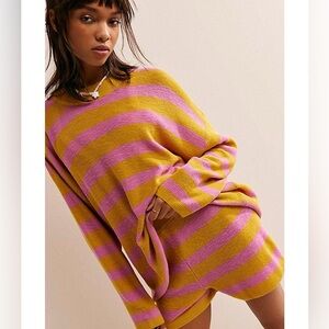 FREE PEOPLE MALIBU SURF SET Striped Pink and Mustard Knit Sweater set M